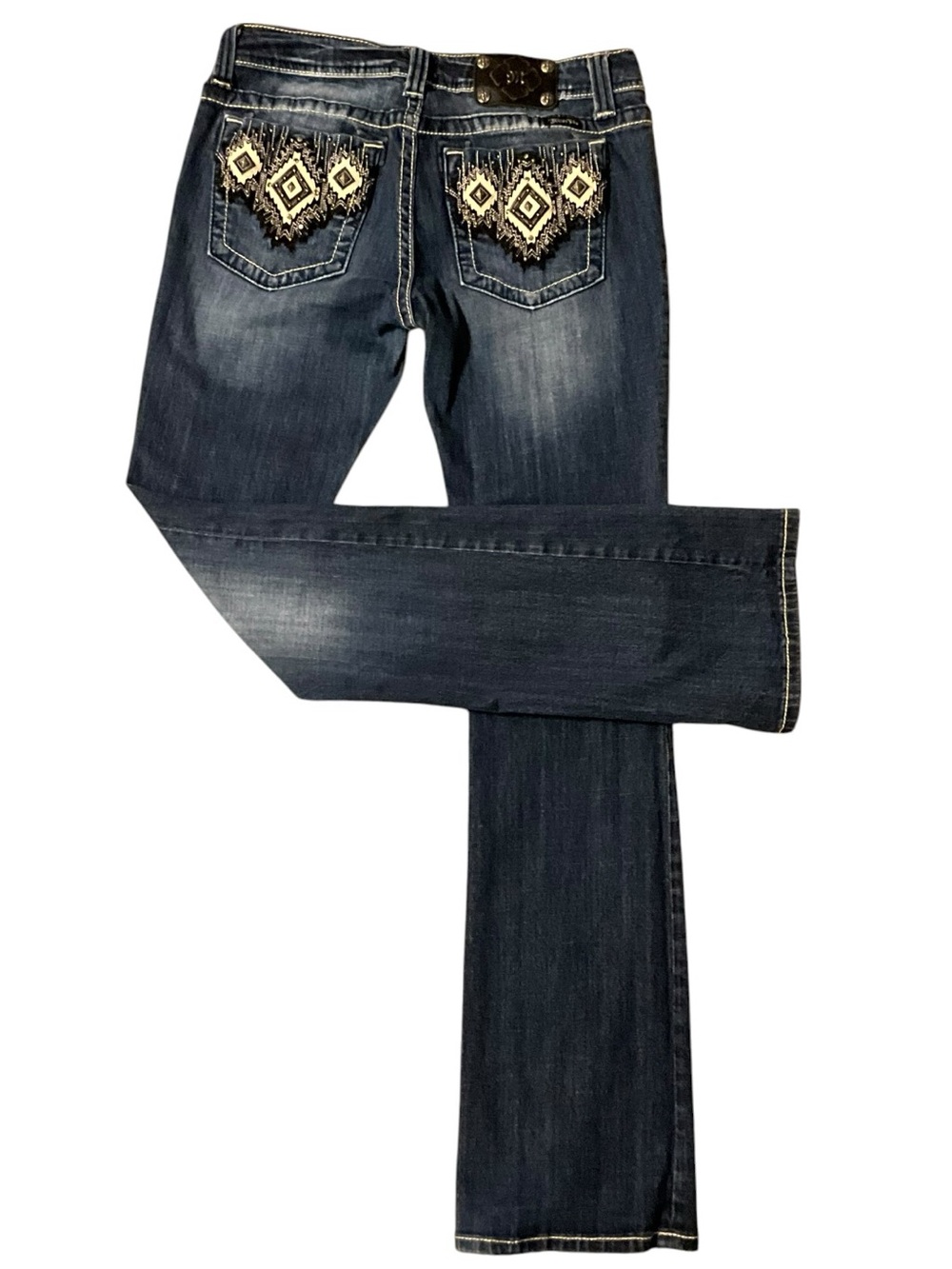 Miss Me Womens Bootcut Jeans 31 Dark Wash Stretch Denim Aztec Embroidered EUC - Picture 2 of 13